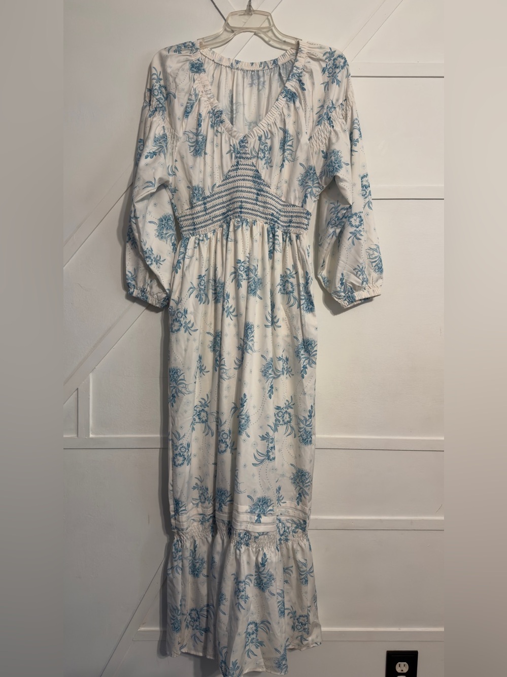 Women's White and Blue Floral Midi Dress